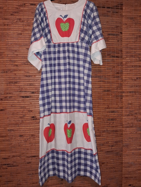 Vintage Dresses & Skirts - VINTAGE 1970S JCPENNY LOUNGEWEAR BLUE GINGHAM APPLE PRINT COTTON MAXI DRESS